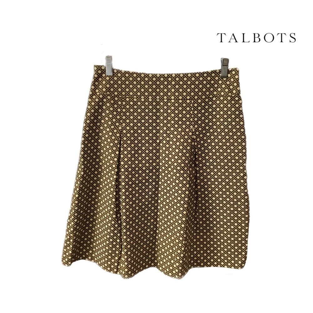 TALBOTS Skirt Size 8 Brown/Cream Basket Weave Pattern 21” Length Lined Pleats